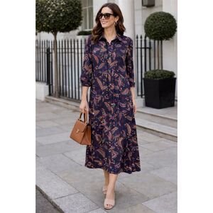 Schrader Sport NY Dress SZ 12 Button Navy Floral Boho Modest Chic Retro Vintage